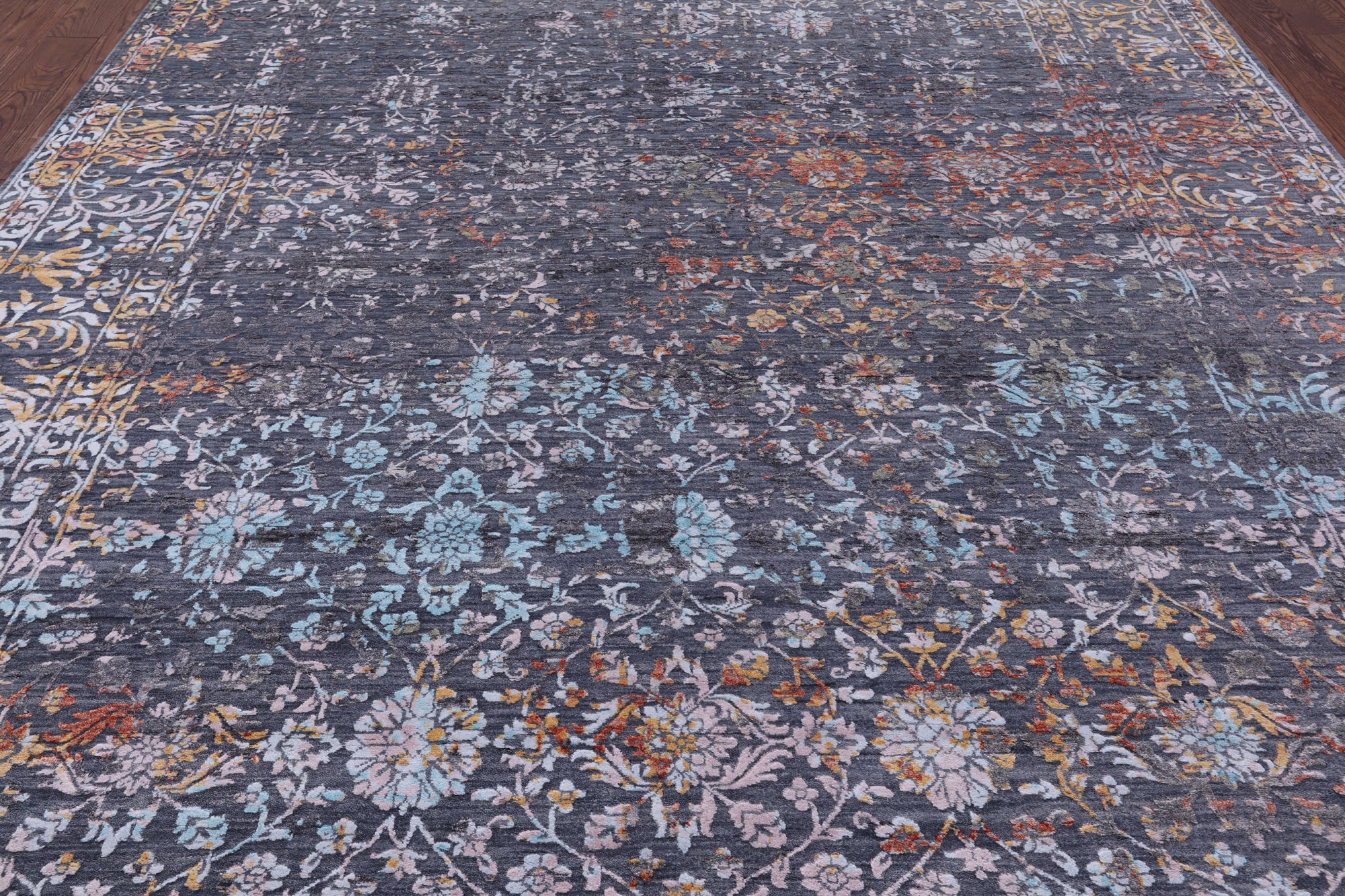 Grey Modern Hand Knotted Wool & Silk Rug - 8' 11" X 11' 11" - Golden Nile