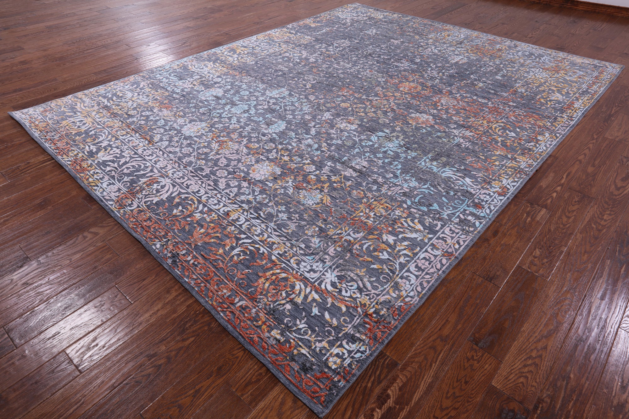 Grey Modern Hand Knotted Wool & Silk Rug - 8' 11" X 11' 11" - Golden Nile
