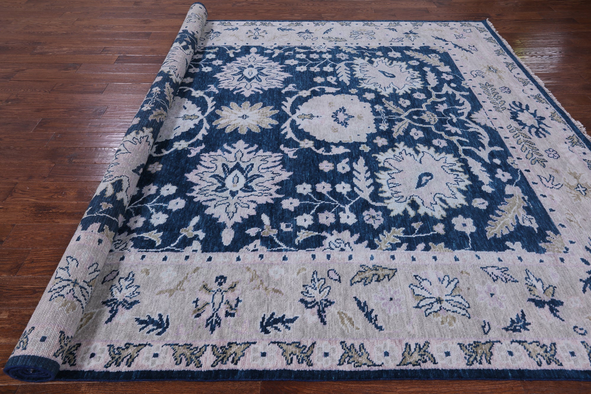 Blue Turkish Oushak Hand Knotted Wool Rug - 9' 0" X 12' 0" - Golden Nile