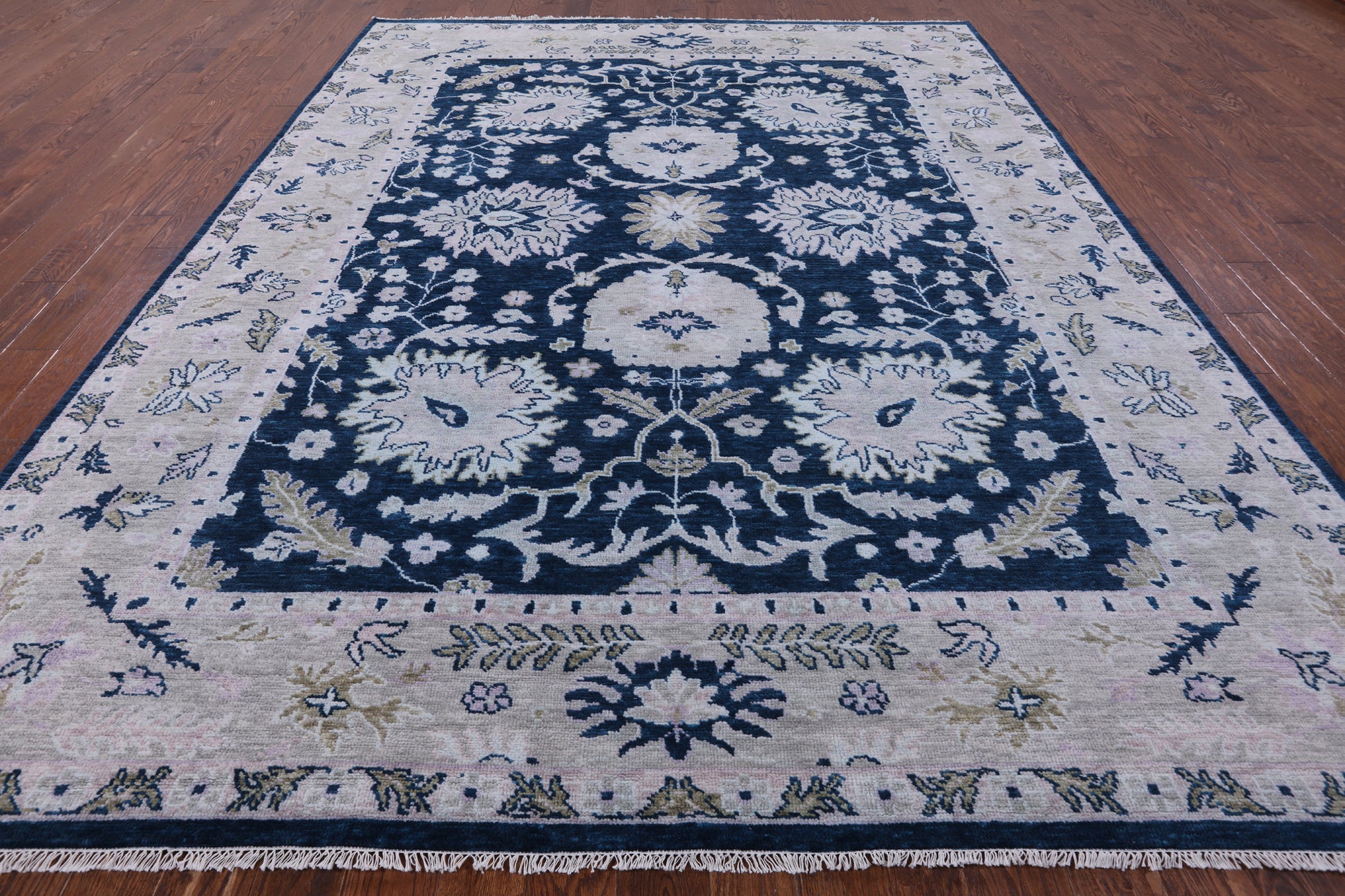 Blue Turkish Oushak Hand Knotted Wool Rug - 9' 0" X 12' 0" - Golden Nile