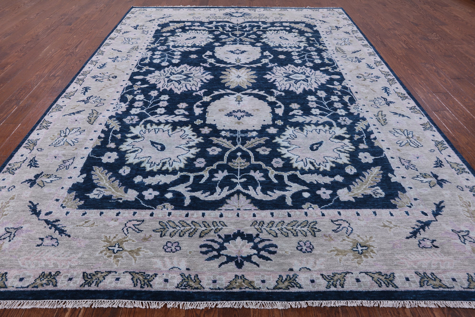 Blue Turkish Oushak Hand Knotted Wool Rug - 9' 0" X 12' 0" - Golden Nile