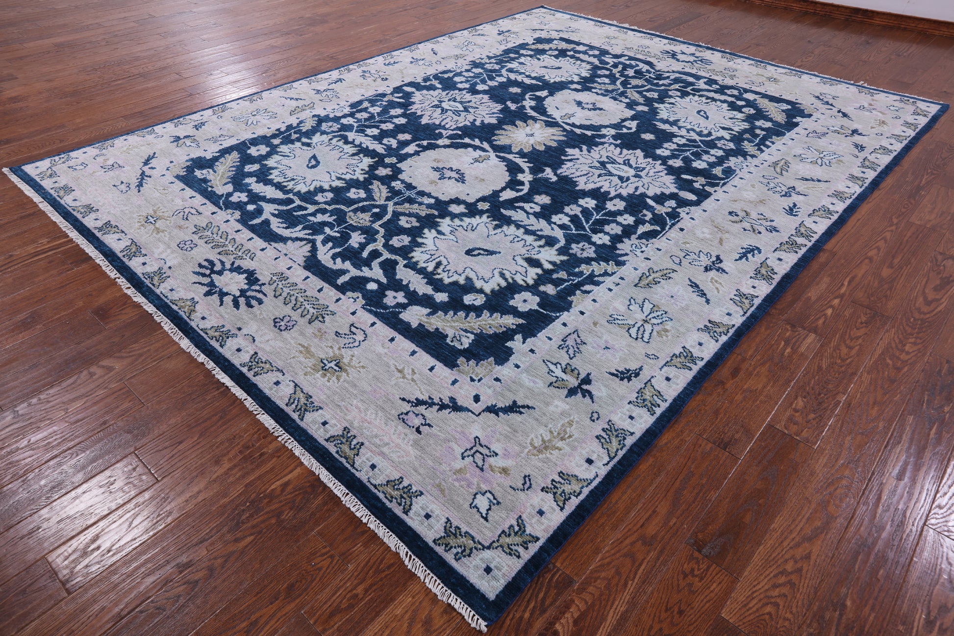 Blue Turkish Oushak Hand Knotted Wool Rug - 9' 0" X 12' 0" - Golden Nile
