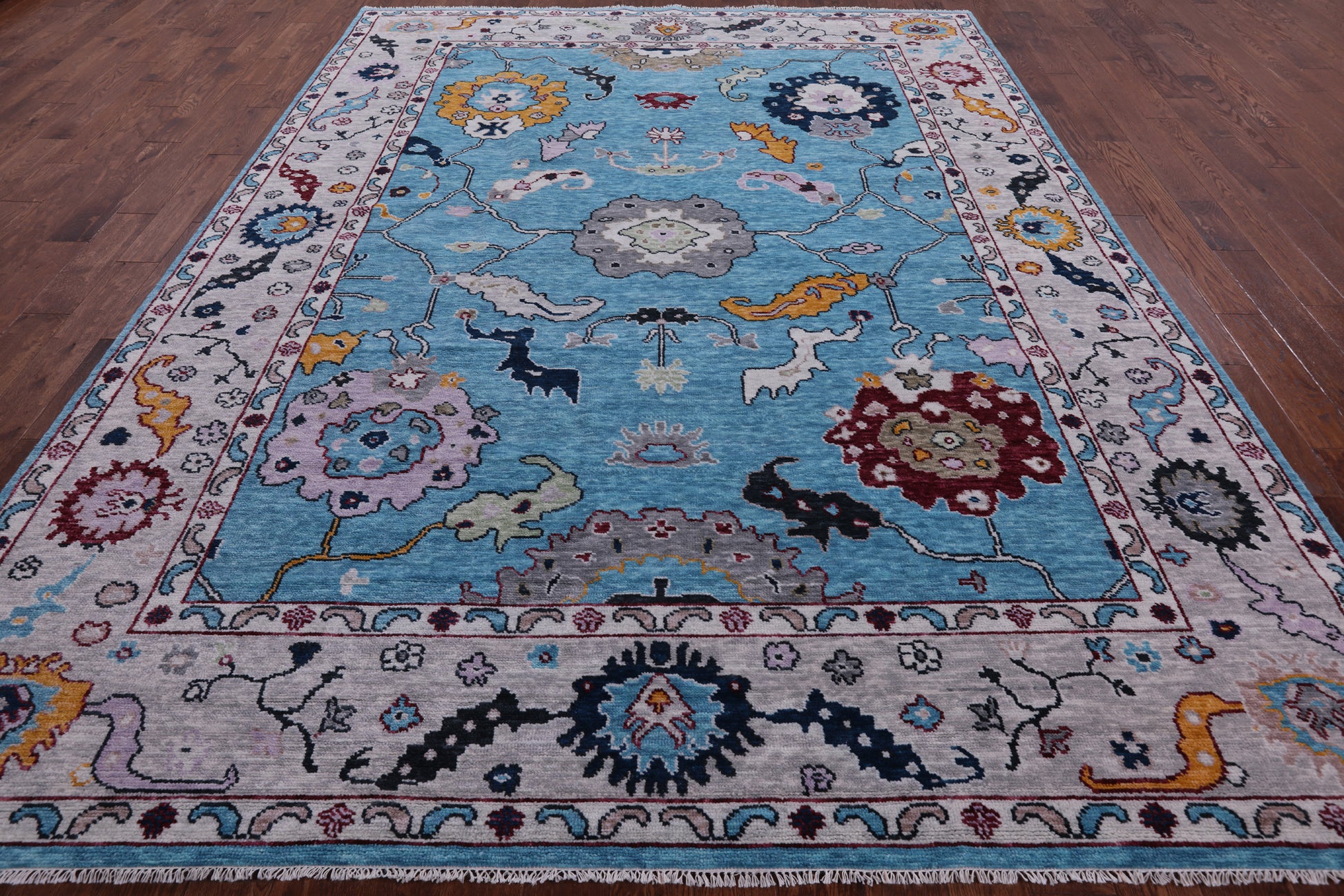 Blue Turkish Oushak Hand Knotted Wool Rug - 9' 2" X 11' 11" - Golden Nile