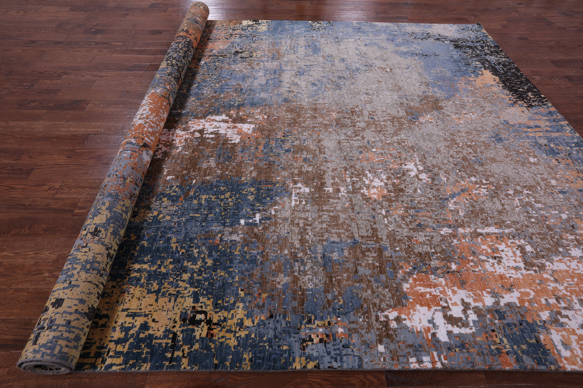 Abstract Modern Hand Knotted Wool & Silk Rug - 10' 2" X 14' 2" - Golden Nile