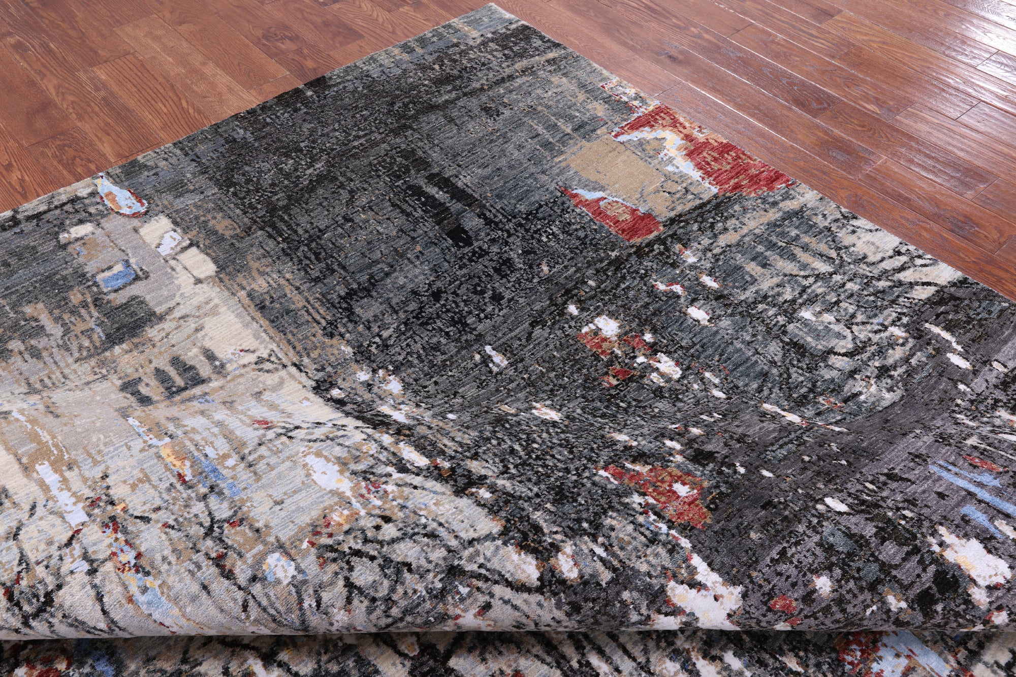 Urban Design Abstract Modern Handmade Wool & Silk Rug - 9' 1" X 12' 1" - Golden Nile