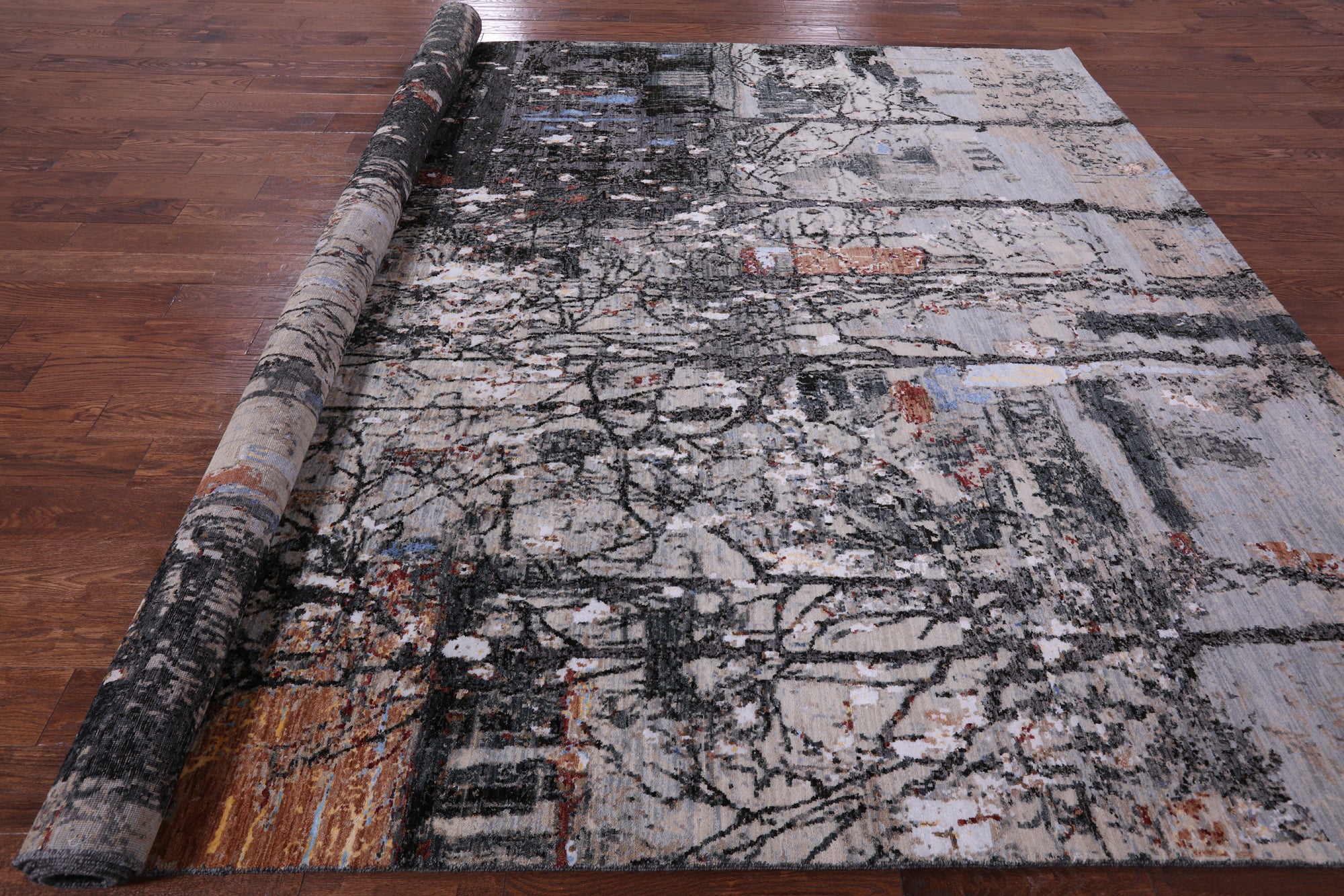 Urban Design Abstract Modern Handmade Wool & Silk Rug - 9' 1" X 12' 1" - Golden Nile