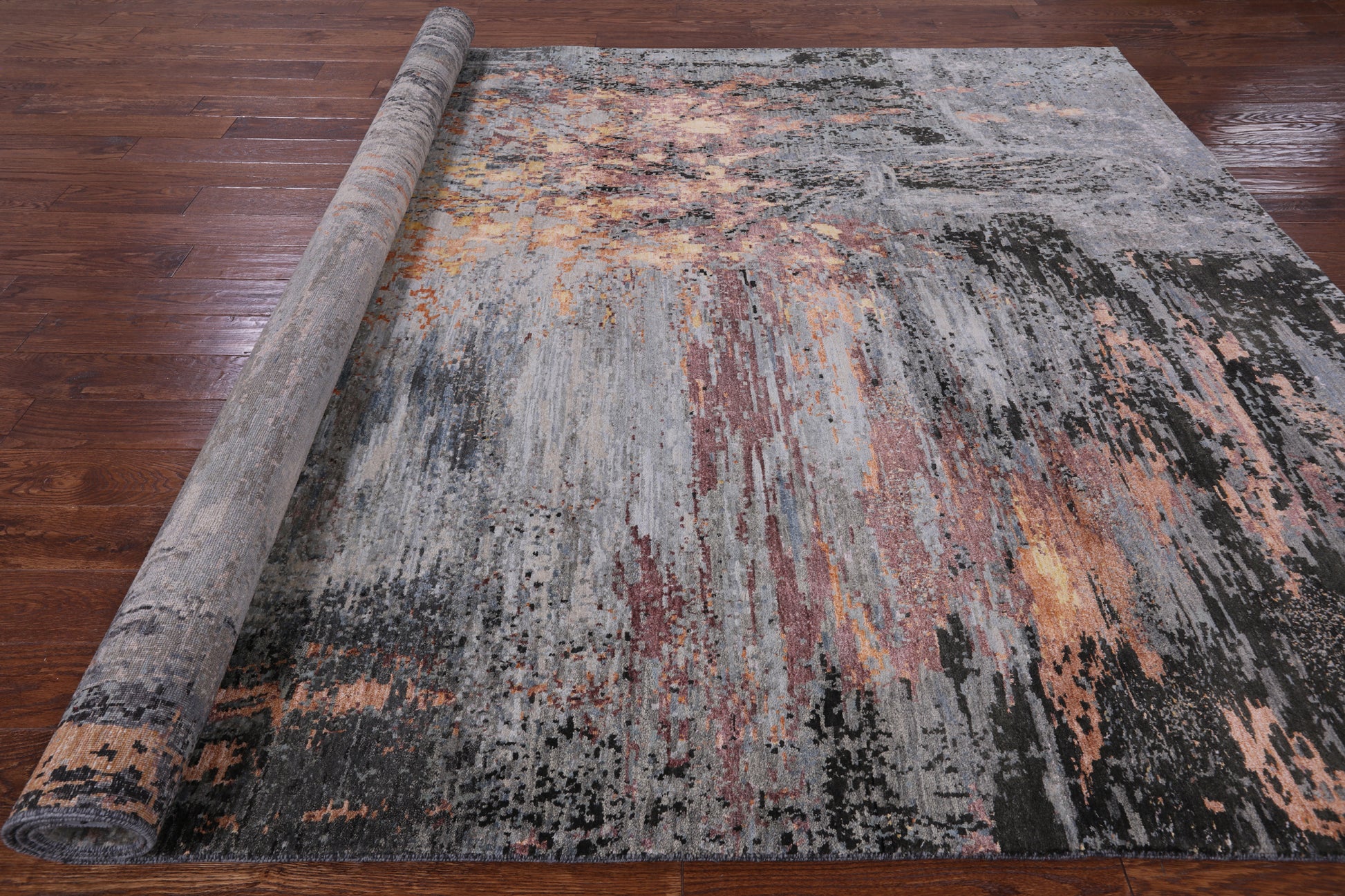 Abstract Modern Hand Knotted Wool & Silk Rug - 8' 0" X 10' 2" - Golden Nile