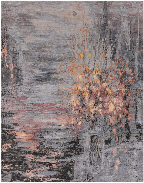 Abstract Modern Hand Knotted Wool & Silk Rug - 8' 0" X 10' 2" - Golden Nile