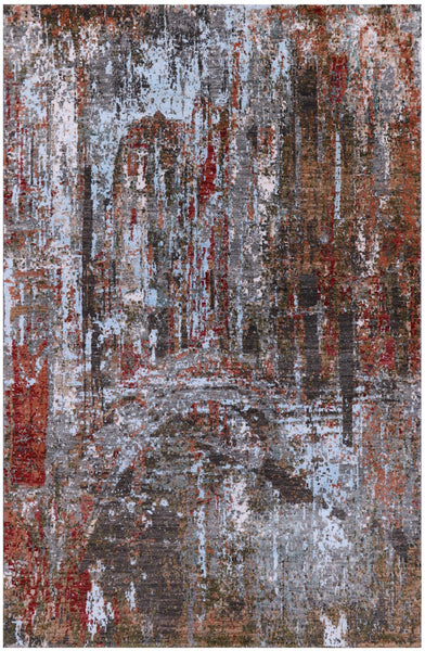 Contemporary Hand Knotted Wool & Silk Rug - 4' 0" X 6' 1" - Golden Nile