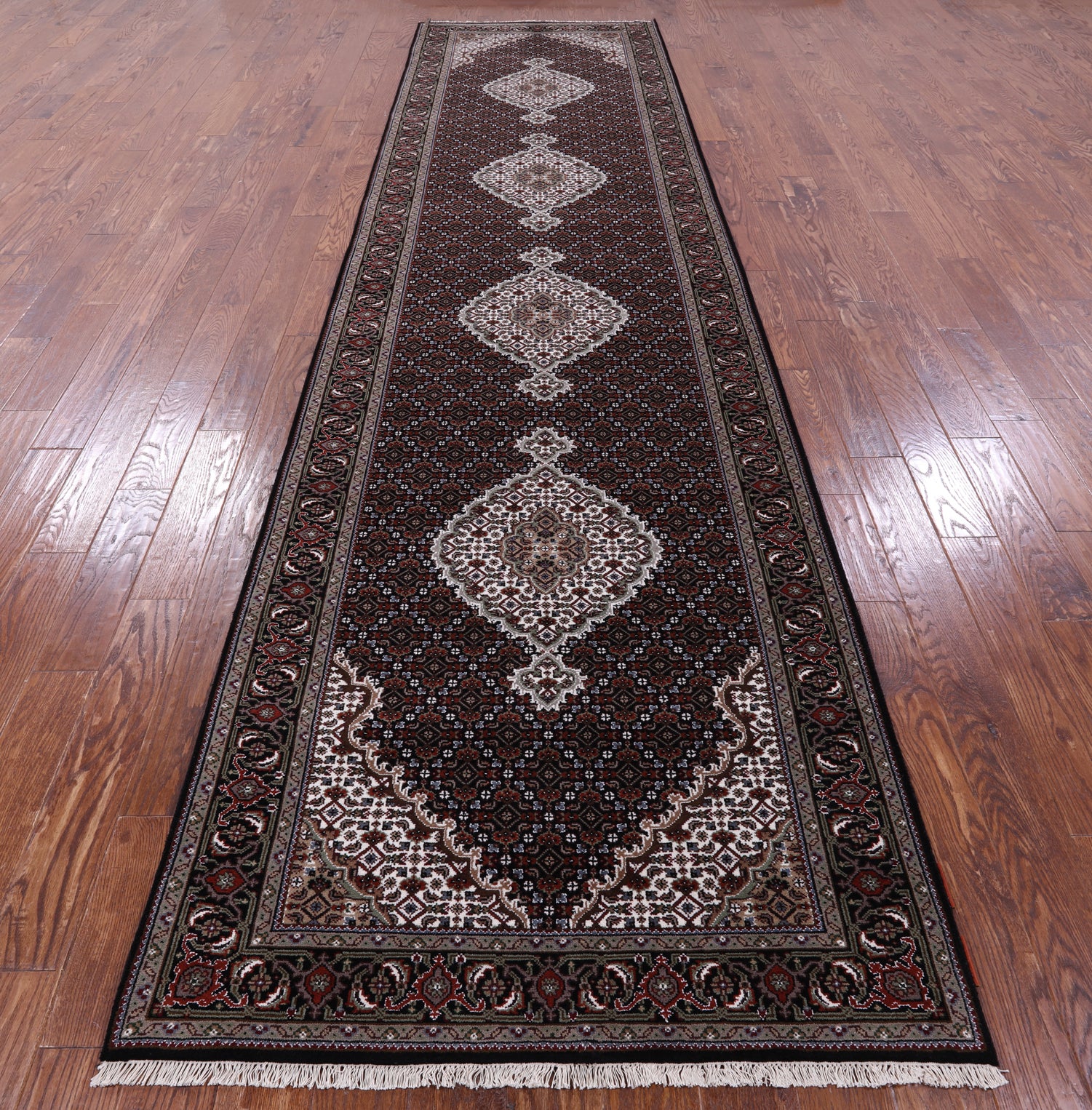 Black Bijar Hand Knotted Wool & Silk Runner Rug - 4' 0" X 15' 8" - Golden Nile