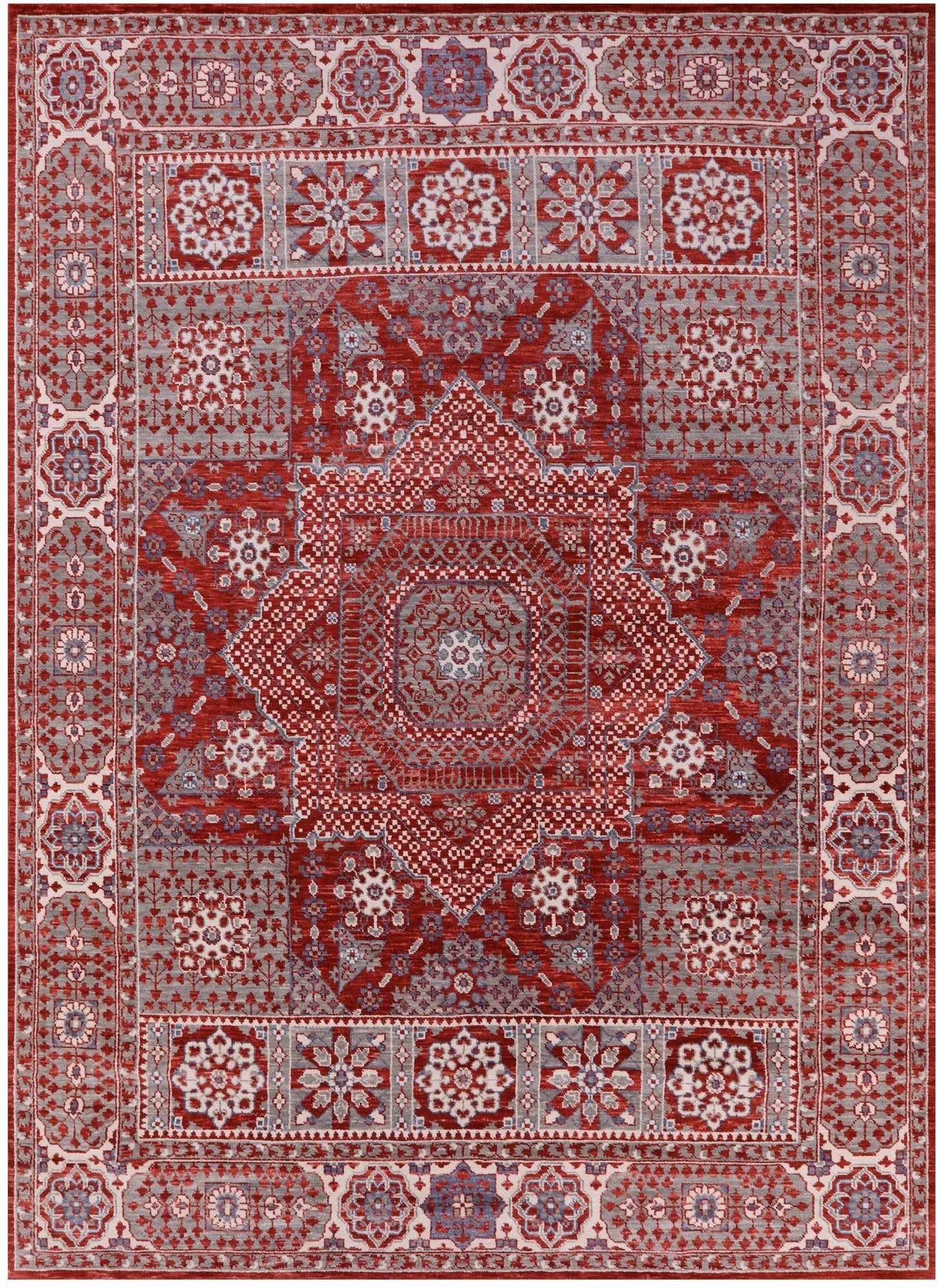 Red Geometric Persian Mamluk Hand Knotted Wool Rug - 10' 2" X 14' 2" - Golden Nile