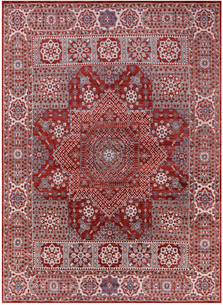 Red Geometric Persian Mamluk Hand Knotted Wool Rug - 10' 2" X 14' 2" - Golden Nile