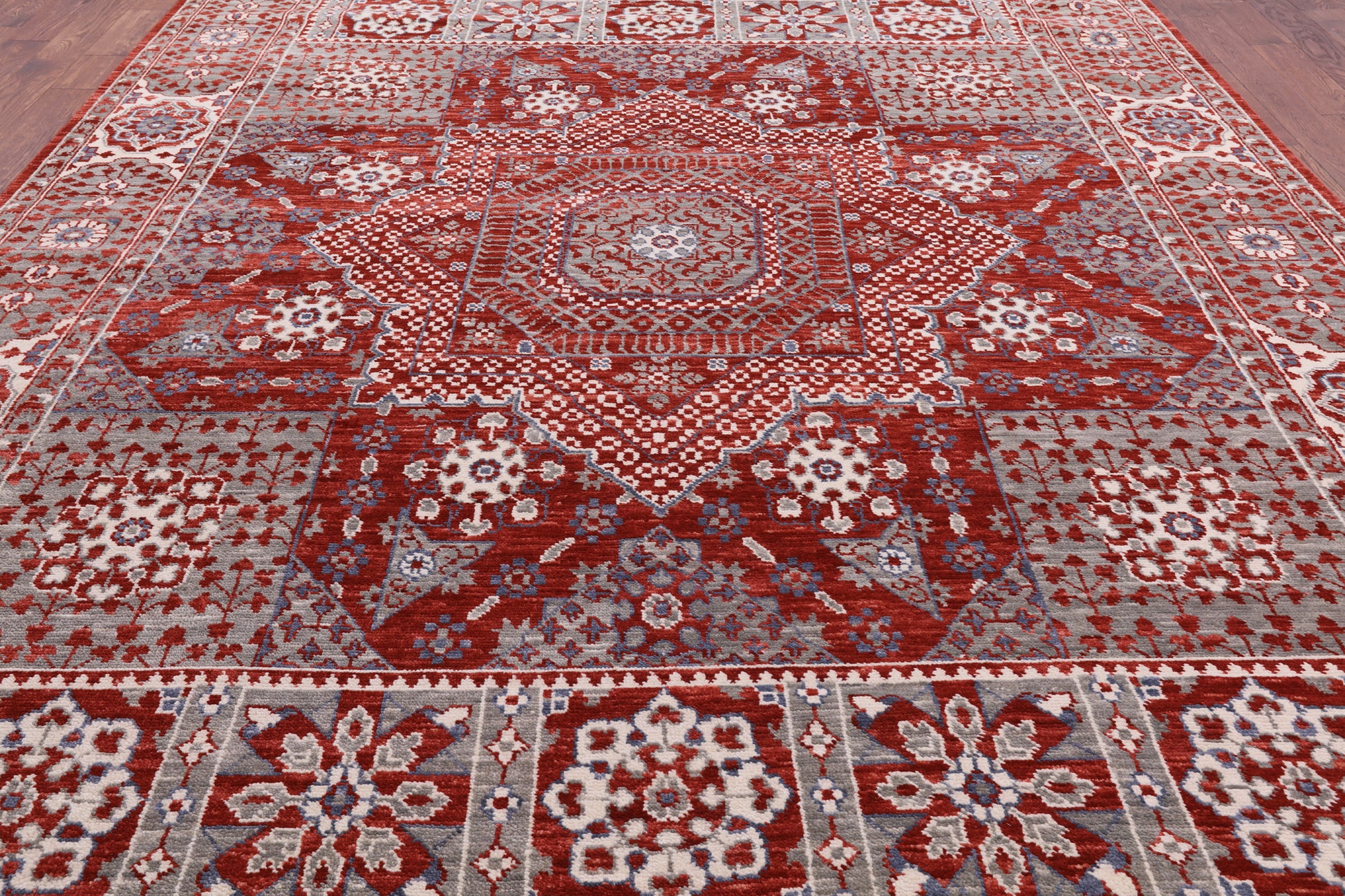 Red Geometric Persian Mamluk Hand Knotted Wool Rug - 10' 2" X 14' 2" - Golden Nile