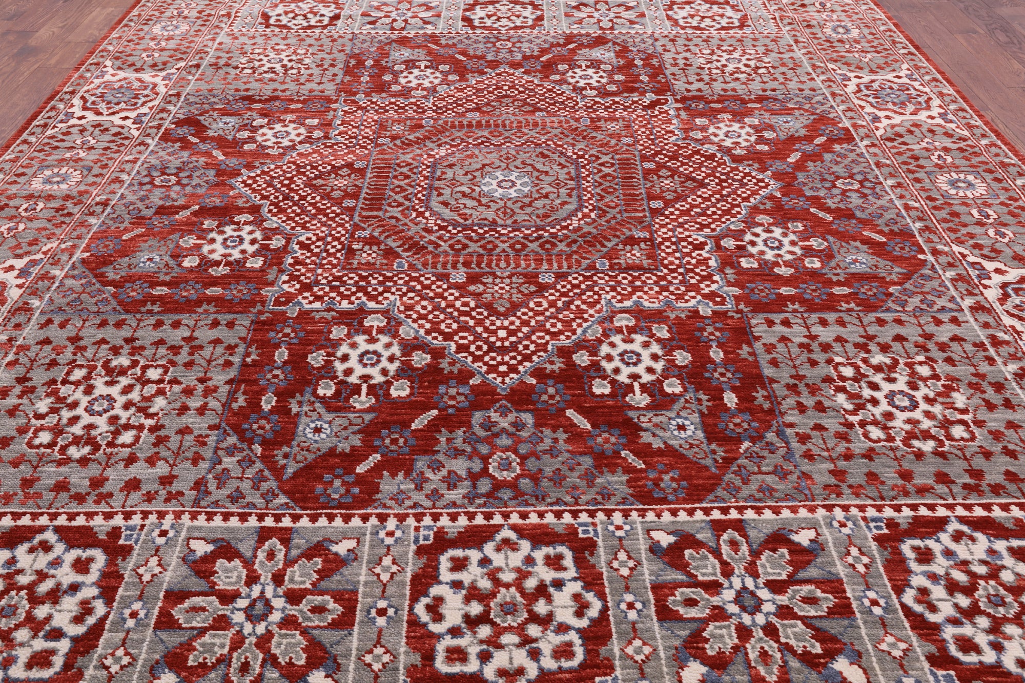 Red Geometric Persian Mamluk Hand Knotted Wool Rug - 10' 2" X 14' 2" - Golden Nile