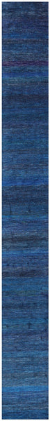 Blue Savannah Grass Hand Knotted Wool & Silk Runner Rug - 2' 7" X 21' 11" - Golden Nile