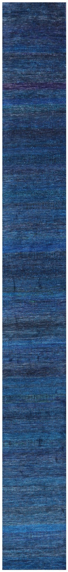 Blue Savannah Grass Hand Knotted Wool & Silk Runner Rug - 2' 7" X 21' 11" - Golden Nile