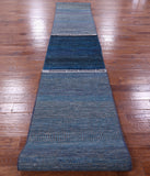 Blue Savannah Grass Hand Knotted Wool & Silk Runner Rug - 2' 7" X 21' 11" - Golden Nile