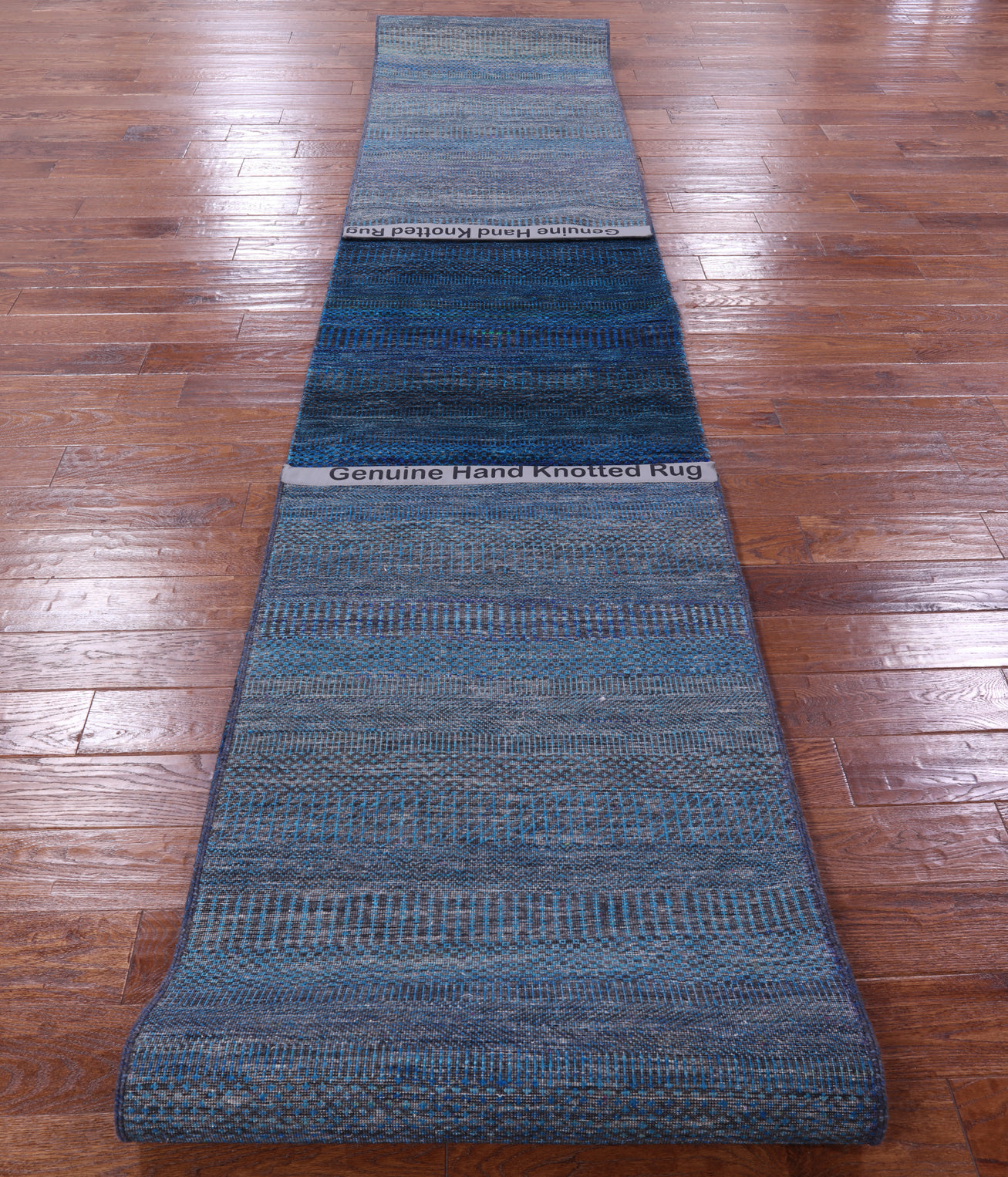 Blue Savannah Grass Hand Knotted Wool & Silk Runner Rug - 2' 7" X 21' 11" - Golden Nile