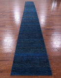 Blue Savannah Grass Hand Knotted Wool & Silk Runner Rug - 2' 7" X 21' 11" - Golden Nile