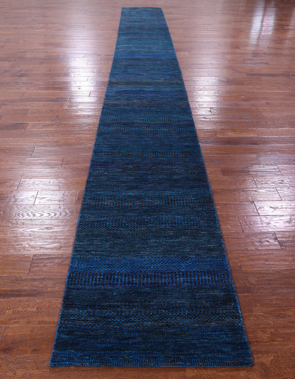 Blue Savannah Grass Hand Knotted Wool & Silk Runner Rug - 2' 7" X 21' 11" - Golden Nile