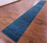 Blue Savannah Grass Hand Knotted Wool & Silk Runner Rug - 2' 7" X 21' 11" - Golden Nile