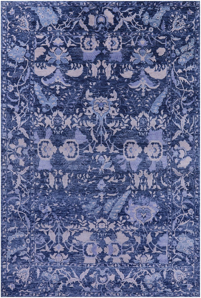 Blue Contemporary Hand Knotted Wool & Silk Rug - 6' 0" X 8' 11" - Golden Nile