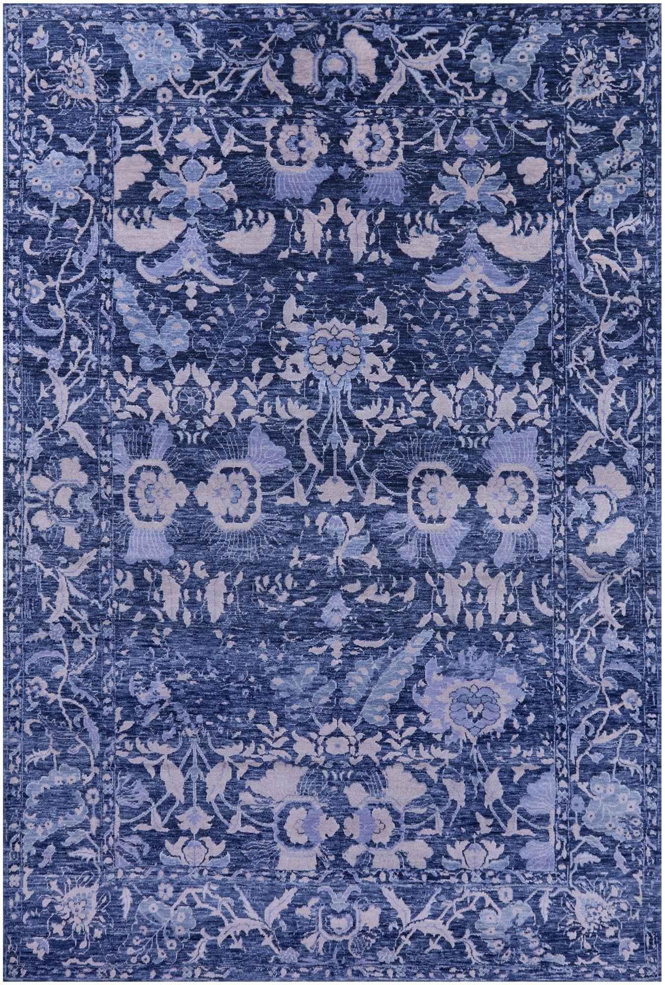 Blue Contemporary Hand Knotted Wool & Silk Rug - 6' 0" X 8' 11" - Golden Nile