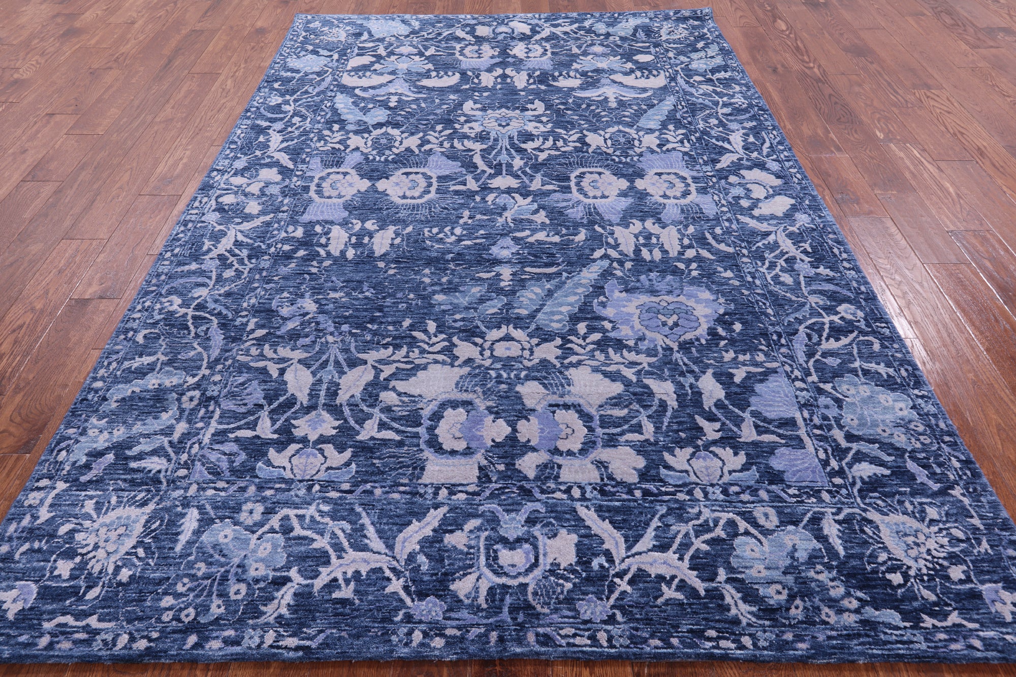 Blue Contemporary Hand Knotted Wool & Silk Rug - 6' 0" X 8' 11" - Golden Nile