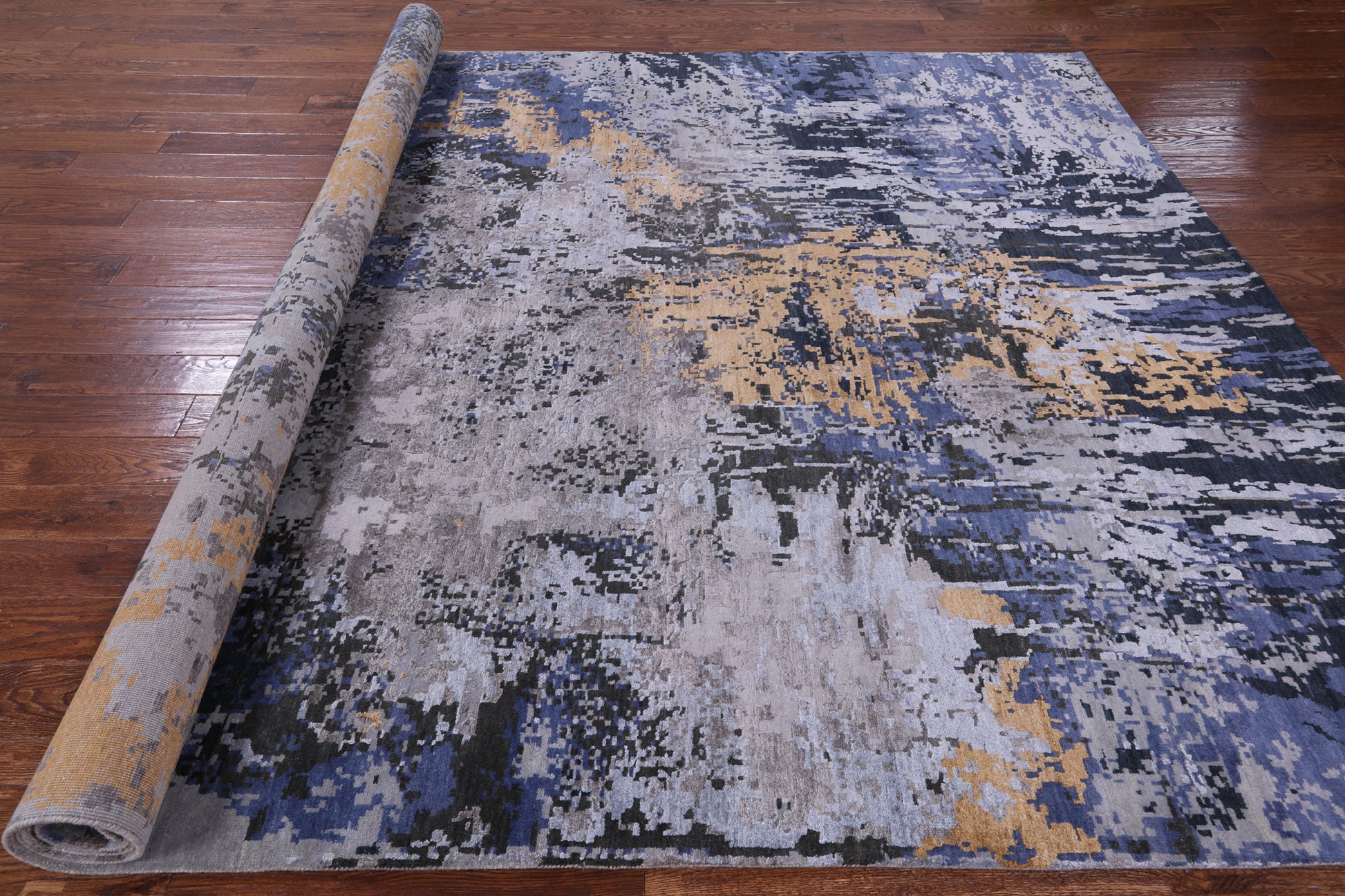 Abstract Modern Hand Knotted Wool & Silk Rug - 8' 10" X 12' 0" - Golden Nile