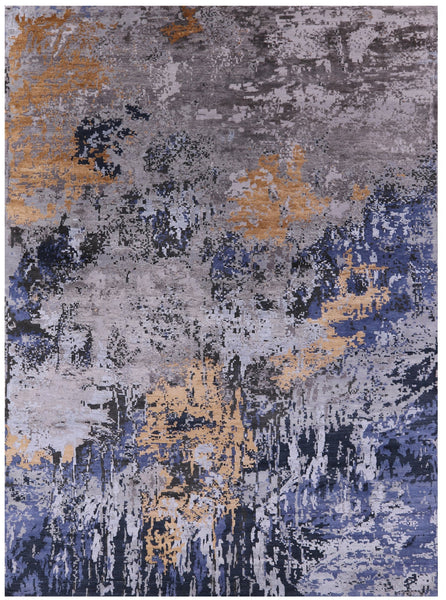 Abstract Modern Hand Knotted Wool & Silk Rug - 8' 10" X 12' 0" - Golden Nile