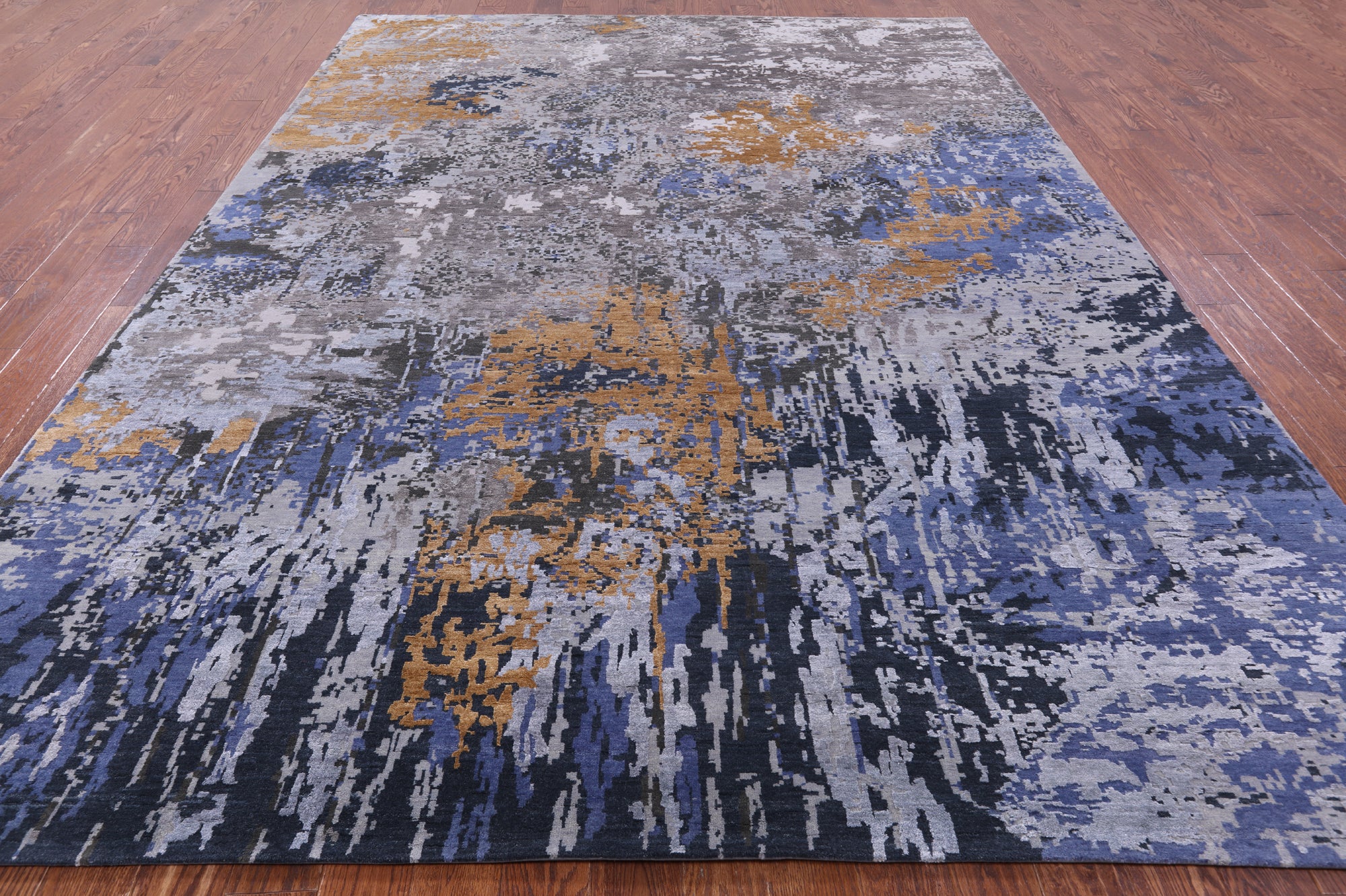 Abstract Modern Hand Knotted Wool & Silk Rug - 8' 10" X 12' 0" - Golden Nile