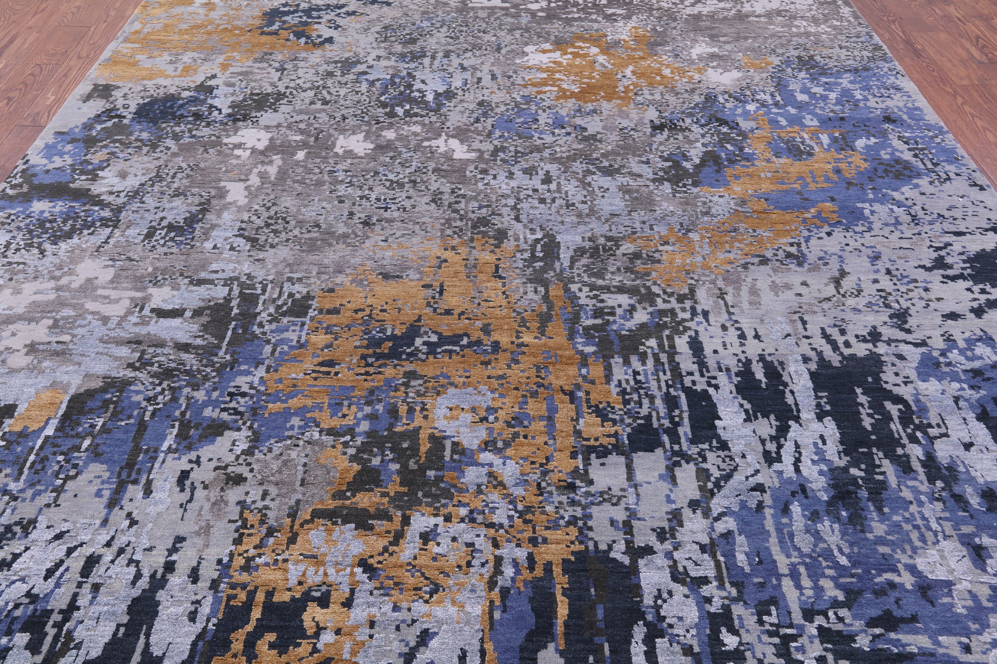 Abstract Modern Hand Knotted Wool & Silk Rug - 8' 10" X 12' 0" - Golden Nile