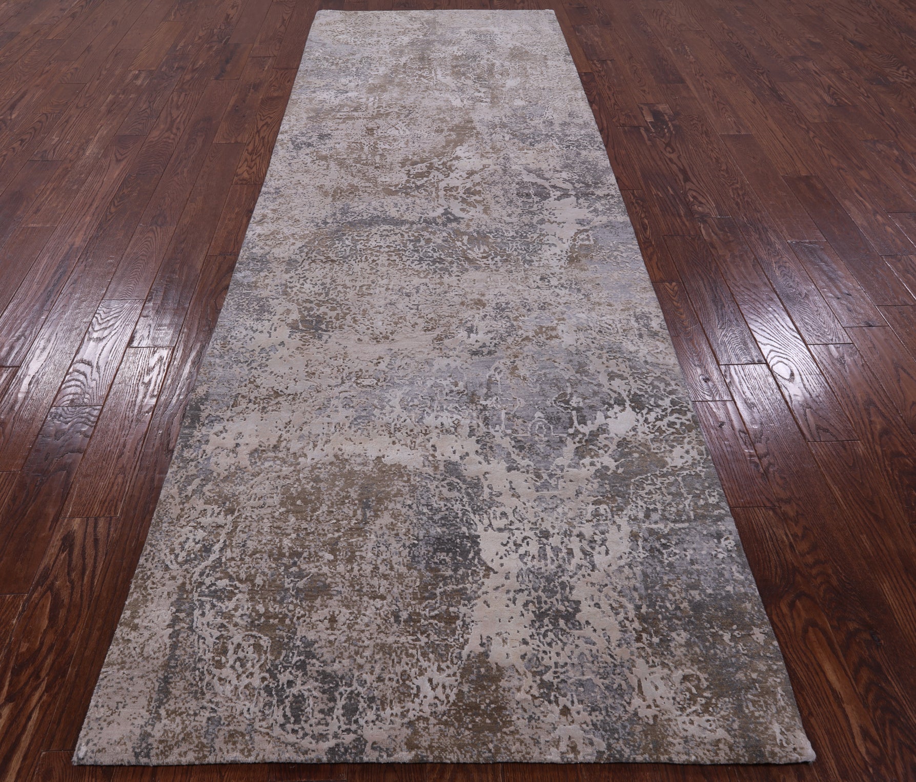 Abstract Modern Hand Knotted Wool & Silk Runner Rug - 3' 11" X 12' 0" - Golden Nile