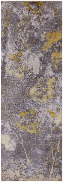 Abstract Modern Hand Knotted Wool & Silk Runner Rug - 4' 0" X 12' 0" - Golden Nile