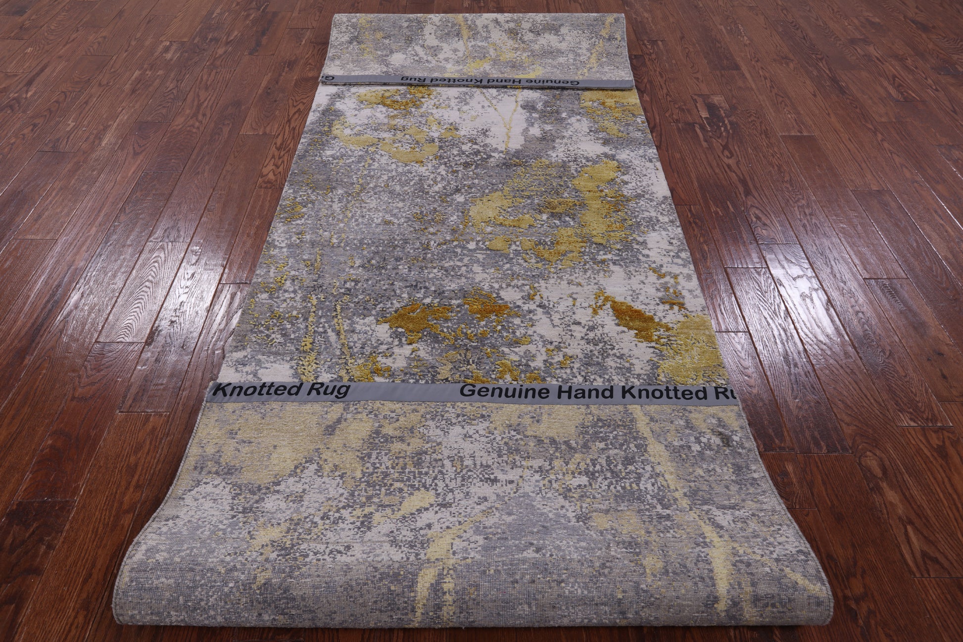 Abstract Modern Hand Knotted Wool & Silk Runner Rug - 4' 0" X 12' 0" - Golden Nile