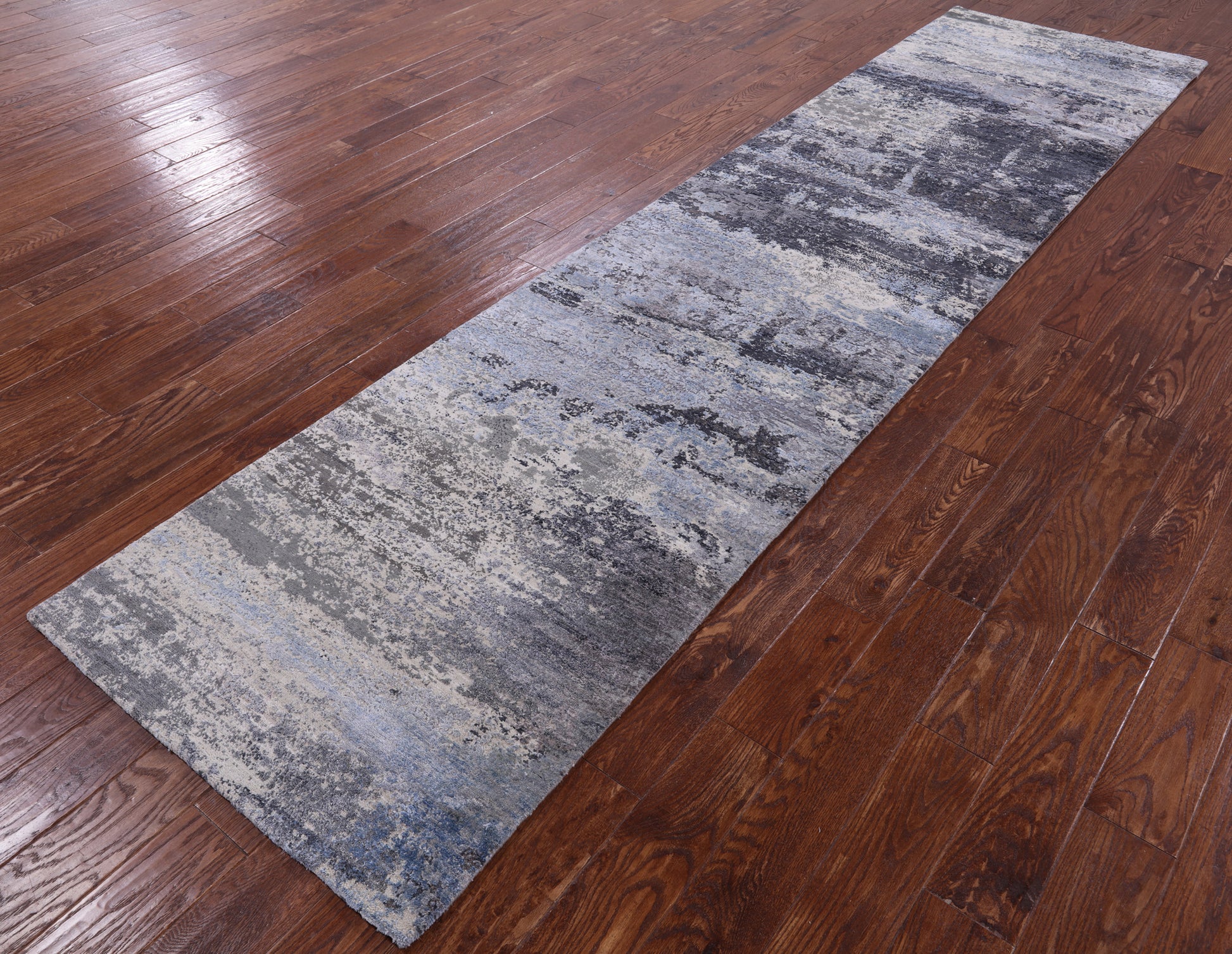 Abstract Contemporary Hand Knotted Wool & Silk Runner Rug - 3' 0" X 12' 3" - Golden Nile