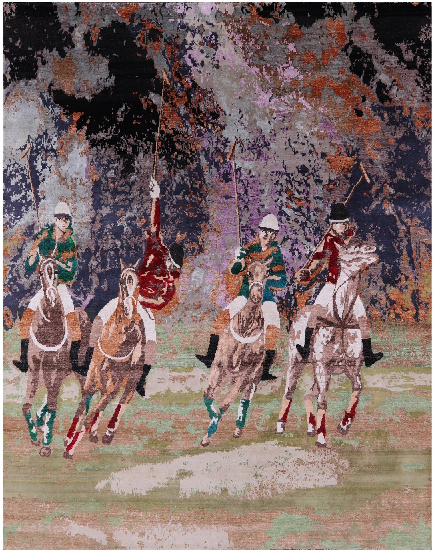 Horse Polo Contemporary Hand Knotted Wool & Silk Rug - 8' 0" X 10' 2" - Golden Nile