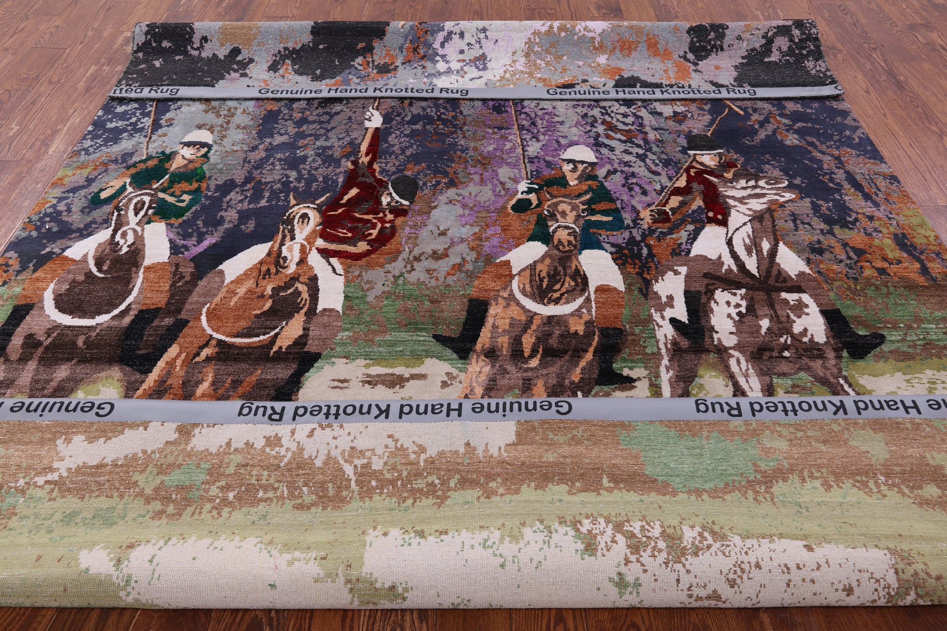 Horse Polo Contemporary Hand Knotted Wool & Silk Rug - 8' 0" X 10' 2" - Golden Nile