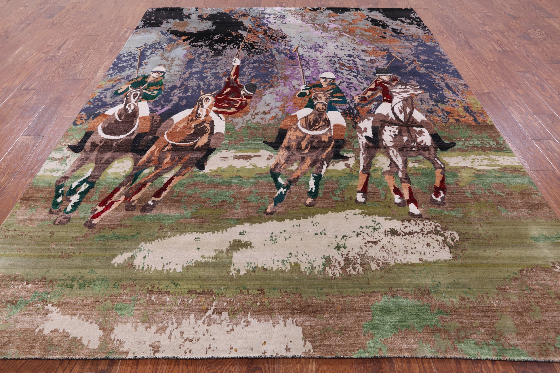 Horse Polo Contemporary Hand Knotted Wool & Silk Rug - 8' 0" X 10' 2" - Golden Nile
