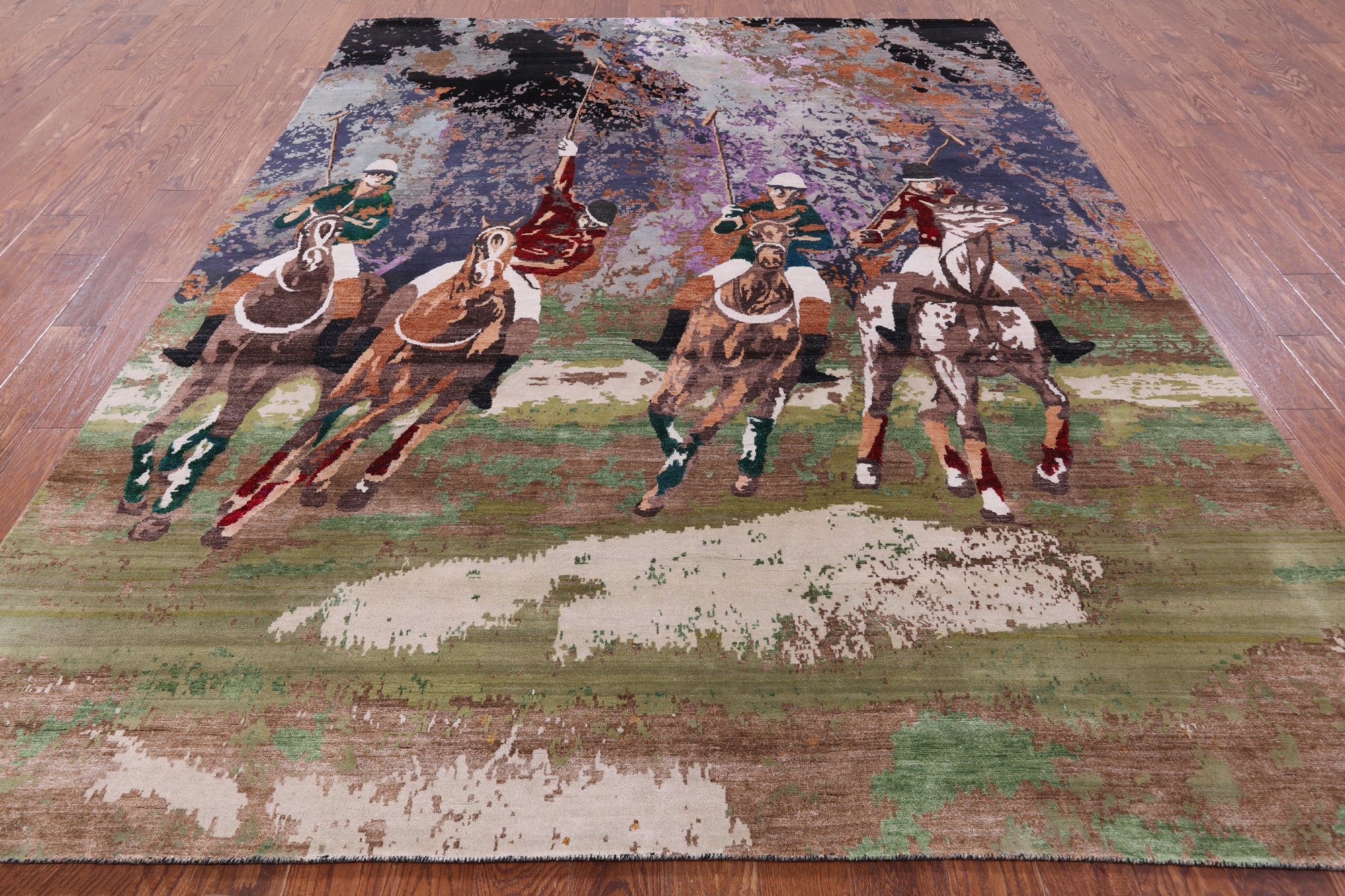 Horse Polo Contemporary Hand Knotted Wool & Silk Rug - 8' 0" X 10' 2" - Golden Nile