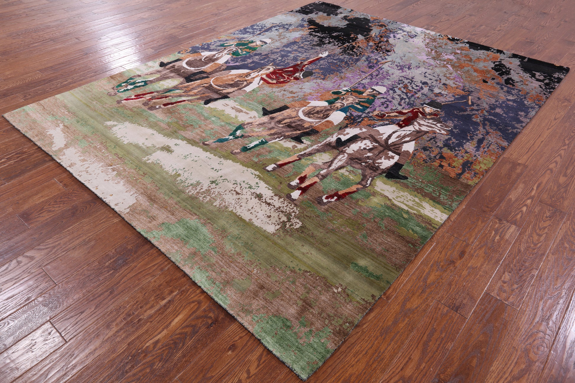 Horse Polo Contemporary Hand Knotted Wool & Silk Rug - 8' 0" X 10' 2" - Golden Nile
