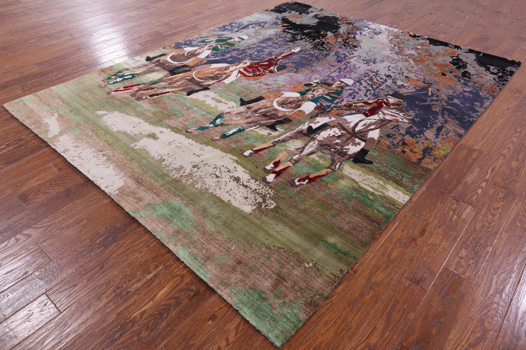 Horse Polo Contemporary Hand Knotted Wool & Silk Rug - 8' 0" X 10' 2" - Golden Nile