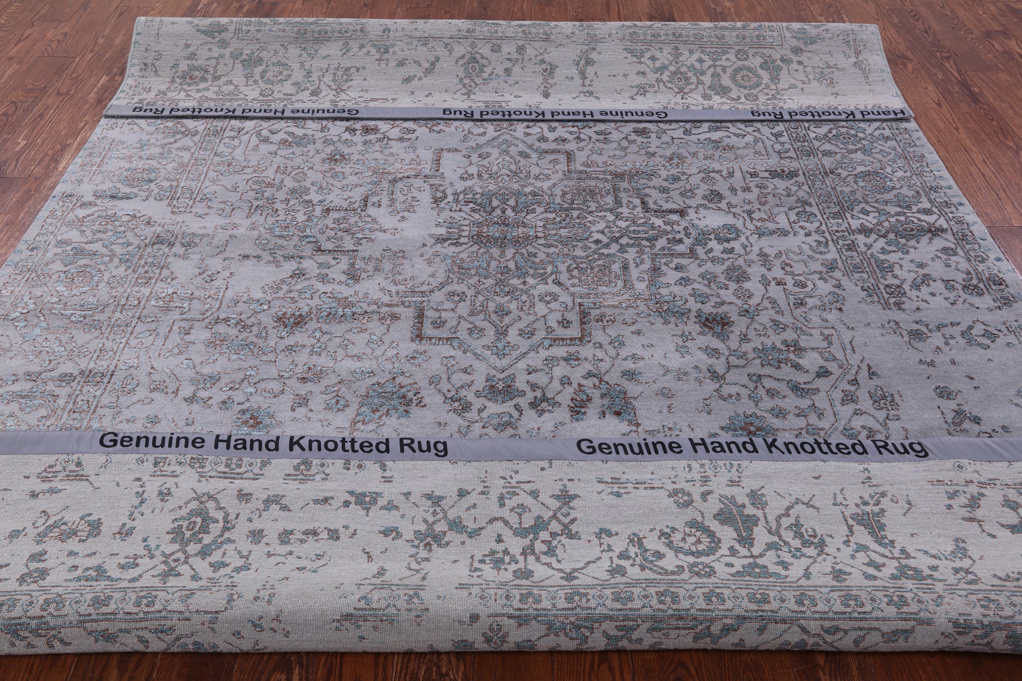 Grey Persian Heriz Serapi Hand Knotted Wool & Silk Rug - 8' 0" X 10' 6" - Golden Nile