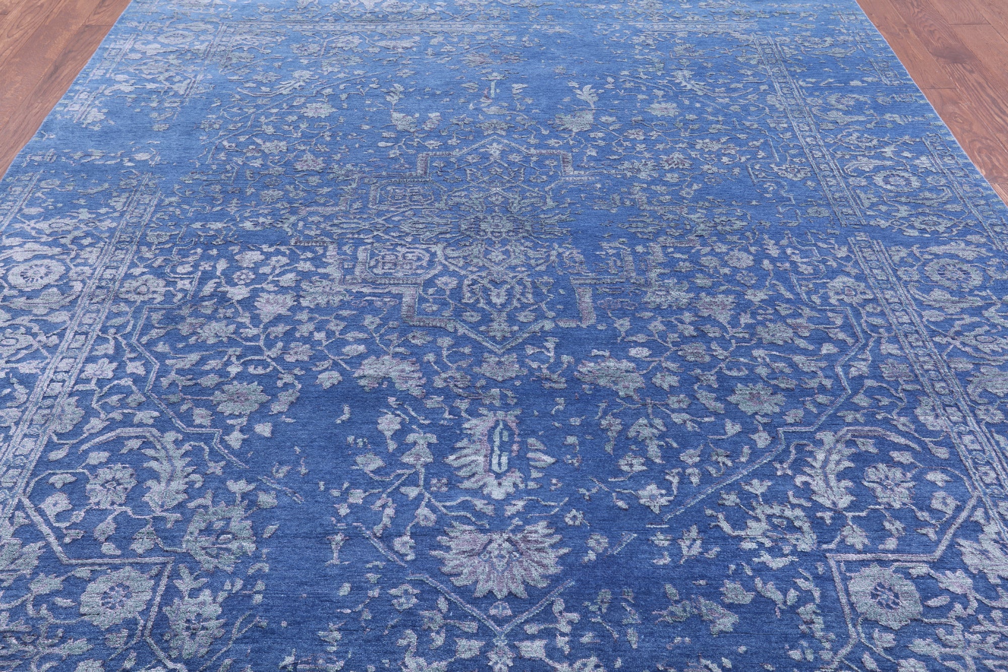 Blue Persian Fine Serapi Hand Knotted Wool & Silk Rug - 8' 1" X 10' 2" - Golden Nile