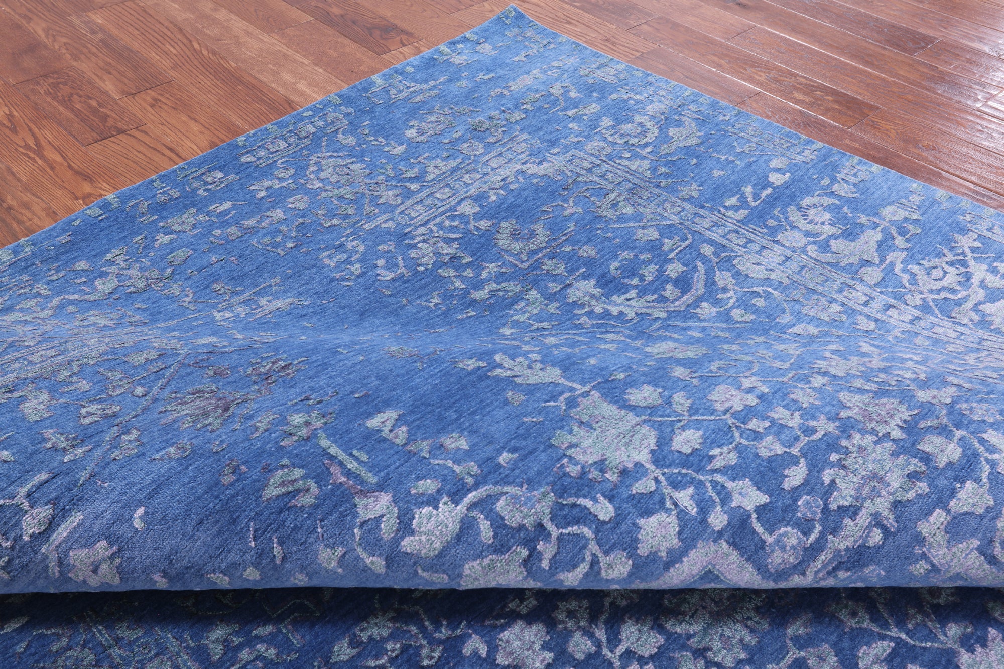 Blue Persian Fine Serapi Hand Knotted Wool & Silk Rug - 8' 1" X 10' 2" - Golden Nile