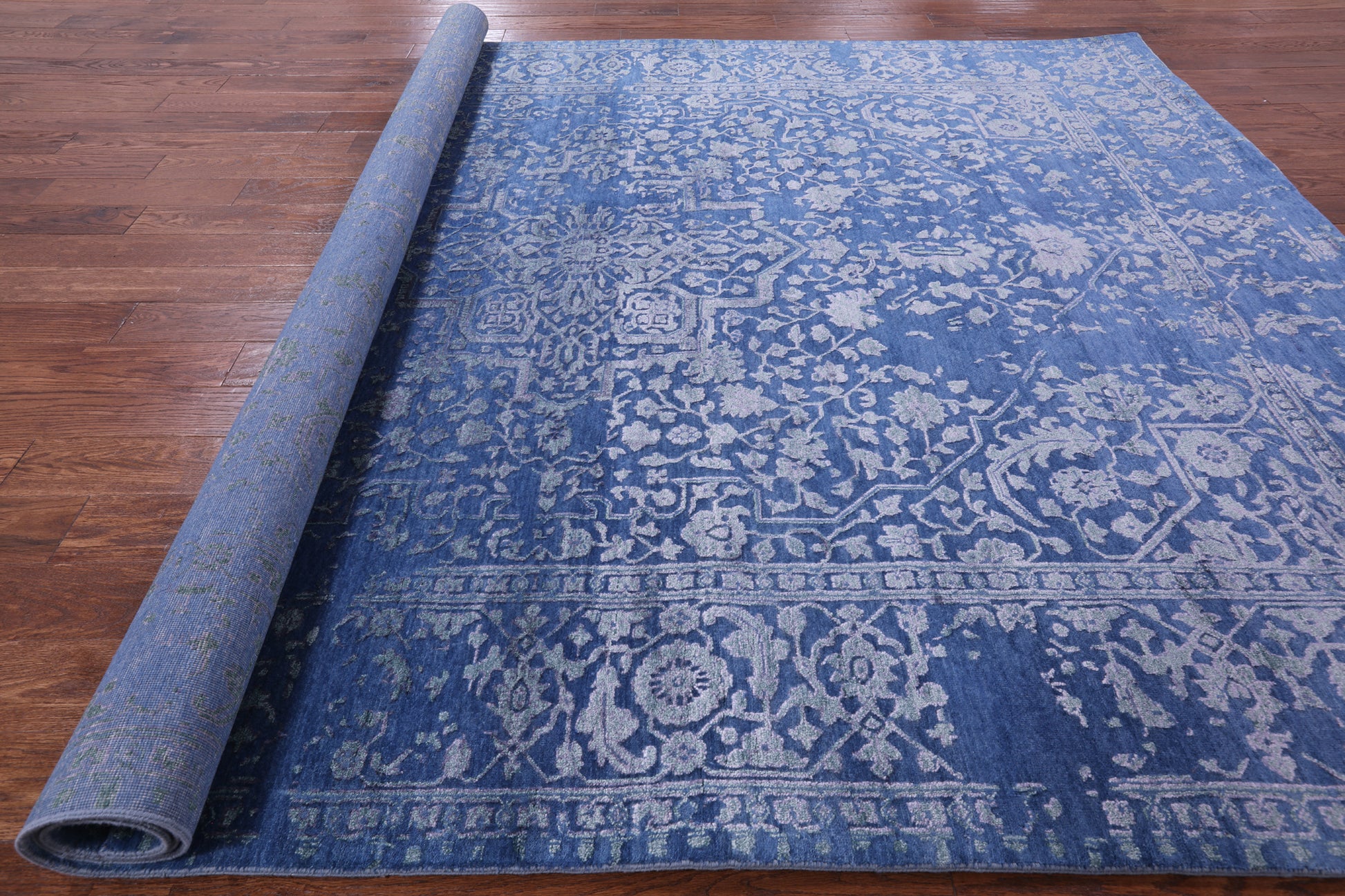 Blue Persian Fine Serapi Hand Knotted Wool & Silk Rug - 8' 1" X 10' 2" - Golden Nile