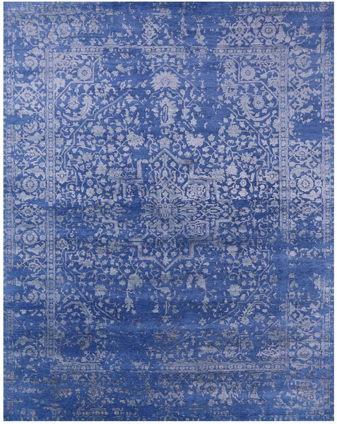Blue Persian Fine Serapi Hand Knotted Wool & Silk Rug - 8' 1" X 10' 2" - Golden Nile