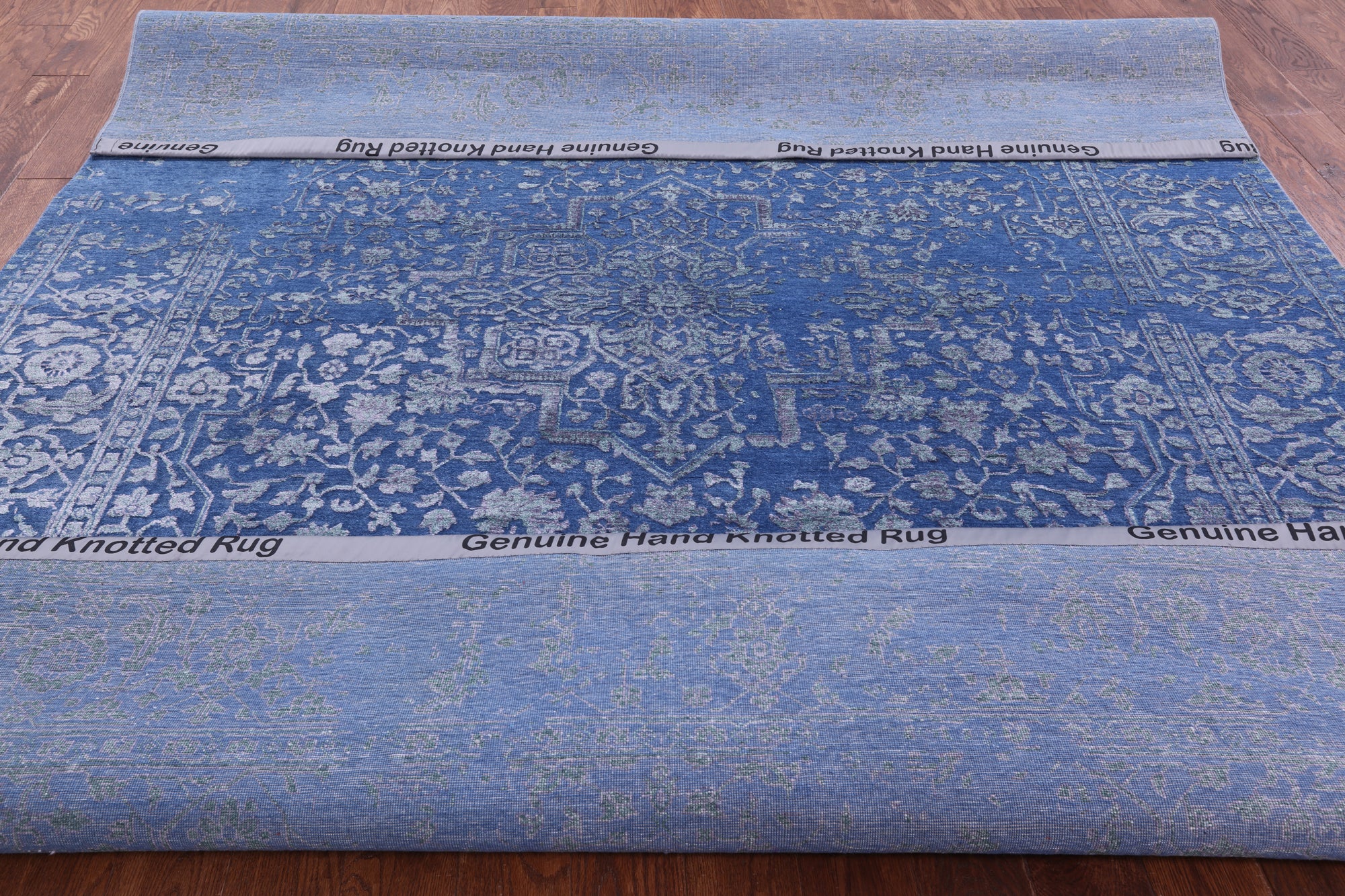 Blue Persian Fine Serapi Hand Knotted Wool & Silk Rug - 8' 1" X 10' 2" - Golden Nile