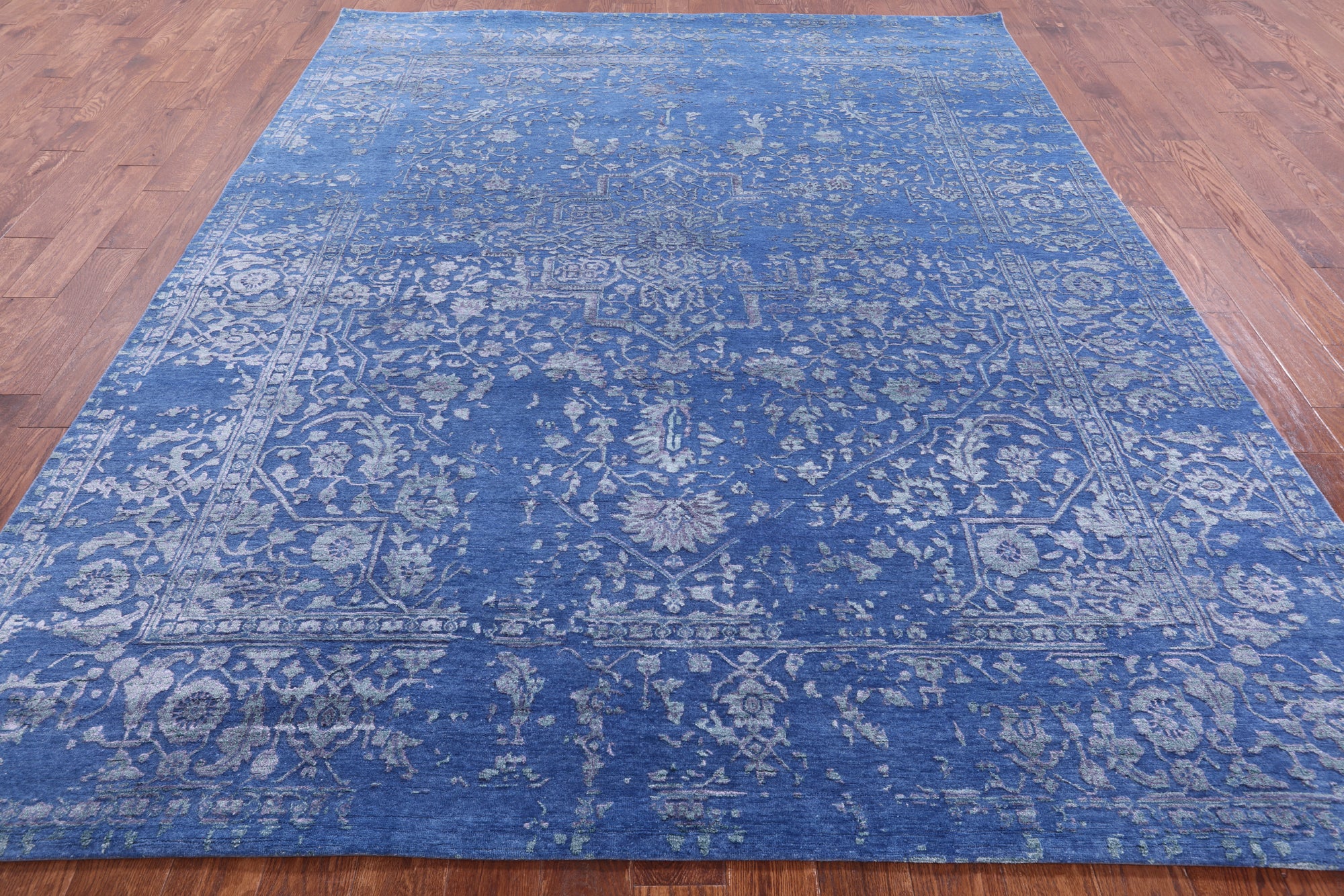 Blue Persian Fine Serapi Hand Knotted Wool & Silk Rug - 8' 1" X 10' 2" - Golden Nile