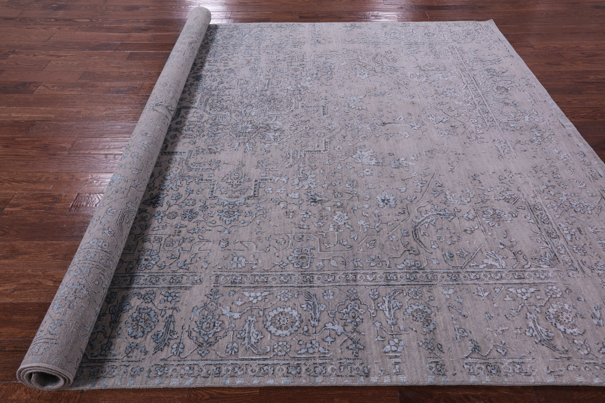 Grey Persian Heriz Serapi Handmade Wool & Silk Rug - 8' 1" X 10' 1" - Golden Nile